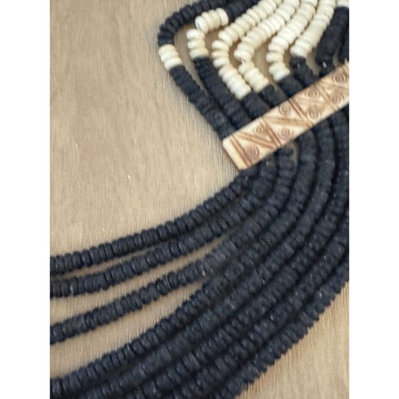 Vintage Tribal Multistrand Black White Beaded Necklace Carved Accents Southwest - Picture 7 of 8